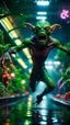 Placeholder: alien orc illithid gremlin diving in water slide in the middle of crazy dance moves dancing on buss parked in dark lit reflective wet jungle hall tunnel,bokeh like f/0.8, tilt-shift lens 8k, high detail, smooth render, down-light, unreal engine, prize winning