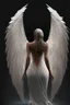 Placeholder: full body woman angel from back, angel wings tear her skin away and coming through from her neck, bun haired angel wearing long tunic ultra realistic design