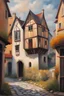 Placeholder: An oil painting where a modern two-storey house stands Against the background of a small medieval town, in a house where instead of a window there is a picture of a cat