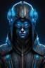 Placeholder: Someone wears a black Robe-Style costume and glass Cyberpunk helmet , full helmet cover , black and blue color, cyberpunk drawing style, neon, full body, intricate details, highly detailed, high details, detailed portrait, masterpiece,ultra detailed, ultra quality