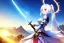 Placeholder: girl, masterpiece, best quality, volumetric lighting, detailed outfit, perfect eyes, long hair, white hair, red eyes, ponytail, armored dress, dynamic pose, halo, white wings, holding sword, landscape, fisheye, sun, lens flare abuse,