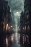 Placeholder: fantasy dark city, old photo style, rain