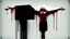 Placeholder: a faceless woman covered in blood holding up a black rectangular box