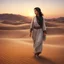 Placeholder: Hyper realistic Pashto girl walking alone in a desert at sunset.