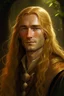 Placeholder: A young serene Lord Of The Rings like man with long golden hair that cascades gracefully. His open eyes, with blind pupils, reflect a depth of wisdom and inner peace. A gentle smile graces his face, adding warmth to his tranquil demeanor.