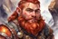 Placeholder: Create a watercolor fantasy portrait of a young dwarf prospector with a broad build, muscular frame. Fiery red braided beard adorned with small trinkets and gems. He wears practical leather armor, reinforced with metal plates, and carries a warhammer slung over his shoulder. Kind eyes and a slight smile. Background: rocky canyon.