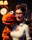 Placeholder: waitress woman with monster muppet mask that covers her entire head, retro style, Sesame Street style, smooth, unreal engine 5, god lights, ray tracing, RTX, lumen lighting, ultra detail, volumetric lighting, 3d.