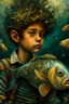 Placeholder: a painting of a young boy riding a fish, a storybook illustration by Esao Andrews, cgsociety, pop surrealism, storybook illustration, whimsical, detailed painting, ukiyo-e style