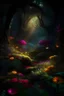 Placeholder: bosque oscuro y mágico, flores luminosas,