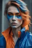 Placeholder: a young woman in a blue jacket with orange and blue makeup, in the style of fujifilm natura 1600, androgynous, óscar domínguez, uhd image, playing with light and shadow, klaus pillon, jagged edges