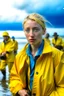 Placeholder: A 23-year-old woman with blond/ brown hair and bright blue eyes stands in the sea, se has a messy bun. dressed in a yellow fisherman's jacket ag. She holds an umbrella, but it offers no protection from the pouring rain. Around her, heavy horses are moving. The rain is pouring heavily. She is standing in the middle of the sea. You can see here completely. Horses only the girl and horses, i wanna see the horses dancing around her.. NOT SEXY!! middle of the sea, green pants, bolder, green