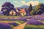 Placeholder: museum quality color woodcut landscape of a fanciful 1920's ramshackle French country farmhouse nestled amidst the lavender fields of Provence, on a blissful summer morning, in the style of Gustave Baumann, with a fine art aesthetic, highly detailed, finely cut ,8k render, soft early summer colors