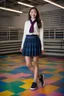 Placeholder: multicolored, neon lit, tiled floor -- smiling 18-year-old Samantha Splooge, long, black hair, ponytail, blue eyes, short, pleated, plaid wool skirt, cotton blouse, a wool sweater, oxford shoes, and a neck scarf, professional quality studio 8x10 UHD Digital photograph, multicolored spotlight, Photorealistic, realistic stock photo,