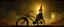 Placeholder: style John Atkinson Grimshaw,3d airbrush render, cut out darkling slender gnome on huge bike with bright aura , pinhole cam, airbrush 3d rendering, torn edges on border
