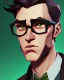 Placeholder: Fit man in round glasses, wavy hair, stubble, slim, tie, monotone, green eyes, comic book style, two tone colours, detailed, ink, realistic, handsome, square jaw, big brows, no jacket, bird on the shoulder, spotlight