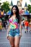 Placeholder: a hot, extremely well-endowed white, Caucasian female with Black Hair, extremely pale white skin, wearing a tight, ill-fitting, colorful, multicolored tie-dye swim suit top, and extremely short jean shorts, and converse sneakers, posing at Disneyland