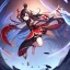 Placeholder: Clear focus,High resolution, black long hair, Vibrant red eyes, Genshin impact inspired outfit, wearing a short skirt, kicking pose, full body, jumping