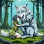 Placeholder: fantasy anime art from an gray bodyhair wolf female anthropomorphic wolf female hibrid kneeling hugs her two anthropomorphic wolf-kid hibrid child on field, in background tall trees wirh big trunks, rain, down on blue-green moss, hug each other , rainy day, high contrast, high detalied, atmospheric, fantasy, sci-fi mood