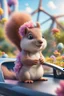 Placeholder: plexi glass tower, portrait cute fluffy wolly squirrel with berret in a car by a water slide holding weird flowers in the style of pixar, on a strange planet with weird colors and wind turbines, bokeh like f/0.8, tilt-shift lens 8k, high detail, smooth render, down-light, unreal engine, prize winning