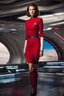 Placeholder: In this surreal vision, Lauren Cohan stands tall on the iconic bridge of the USS Enterprise. Adorned in a striking Star Trek Original Series red uniform, she embodies the essence of command and adventure. Her shortish hair adds a touch of modernity to the classic ensemble, a symbol of her strength and individuality. Ample bosoms, a reminder of her femininity, are embraced by the uniform, a testament to the diverse and empowering representation within the Star Trek universe. Her black boots, firm