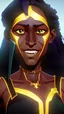 Placeholder: A woman has dark skin, yellow eyes and black dreadlocks. Her face has a slying smile, showing her superiority in the eyes of others. She is dressed in a steel armor with a few pieces of yellow and green fabric sticking out.