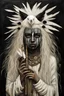 Placeholder: Brad Kunkle-George Baselitz oil painting, Otherworldly, heilung little witch singer and a white crow, Cara Delevigne MacKenzie Foy Avril Lavigne, tribal fur open dress, beautiful long white dreadlocks hair, 15 years old Nordic young girl, black face paint stripes on the eyes, playing a flute, closeup of the white crow, intricate, pagan music art, rune simbol in the forest background, high detailled, fanart, oil painting, 8k, Oil painting, heavy brush strokes, hyperrealistic paint splashes Jeremy