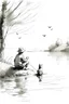 Placeholder: Drawing sketches A person fishing with his kitten on the banks of a quiet lake