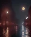 Placeholder: the moon, beautiful, light reflecting, city, midnight, rainy night