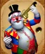 Placeholder: happy old friendly fat clown with round head and trimmed beard playing jazz with a steampunk theme, trumpet, circus, realistic