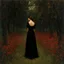 Placeholder: Night, one woman in black dress from behind at left, forest, red flowers, vegetations, creepy, gloomy, gothic dark influence, gustave caillebotte paintings, and konstantin korovin paintings