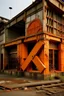 Placeholder: An orange colored destroyed factory with letter Xs painted by Piet Mondrian