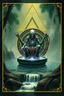 Placeholder: sacred geometry framed action figure card of a crucified alien necrophyte electric eel necromancer on round swamp transparent glass obcidian boat beholder eye wheel throne in a charged foggy jungle waterfall, with withered filmgrain in the style of Munch