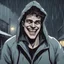 Placeholder: a closeup of a psychopathic young man with white eyes in a heavy coat and hood during a rainstorm laughing cartoon