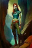 Placeholder: 1970's dark fantasy cover dnd style oil painting of a woman gipsy elf with sport outfits with minimalist far perspective. Magazine.