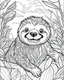 Placeholder: create a 2d black outline, "safari smiling cartoon sloth coloring book for kids", coloring page, low details design, black contour, coloring page design, simple background, colorful , card style, coloring page for kids, white background, sketch style, safari landscape, cartoon style