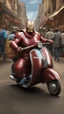 Placeholder: Mega Fatman wearing ironman suit , riding an old vespa in traditional busy market, with like thumb, realistic ,Pixar mode, full body, perfect composition, well centered portrait. with like thumb