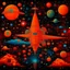 Placeholder: An orange colored galaxy with stars and planets designed in Hawaiian tiki statues painted by Wassily Kandinsky