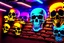 Placeholder: hundreds of non-anatomically correct, dark comic art, graphic novel,human skulls stacked into a wall unusual neon lighting, high velocity, 64k, dystopian, vray, a picture of a dark, comedic, anatomically correct wall of colorful tightly packed skulls of varying sizes and expressions, photo realistic, insanely meticulous, highly detailed, part of a collection of bones on display, 64k, dystopian, vray , ALL DRAWN IN THIN LINES OF NEON LIGHT AND COLORS