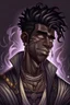 Placeholder: Male Air genasi fra d&d with black skin smoke some hair an Asian skin ghostly appearance with a Smokey undertone mork