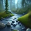 Placeholder: dense florest landscape with a river in a raining day and some rocks, photorealistic