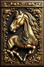 Placeholder: Stiker Label Printe big Storok,Detailed and intricate wooden carving HORSE wall decor featuring a golden metal frame. The carving showcases stunning craftsmanship and intricate design, adding elegance to any space. The golden metal frame adds a touch of luxury and sophistication. This artwork is a perfect blend of traditional woodworking techniques and modern aesthetics. High-resolution digital painting inspired by the works of master craftsmen. By incorporating elements of nature and geometric