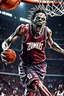 Placeholder: 13k, highly realistic and detailed image of a zombie as a NBA basketball player in action dunking the ball in the net, sweaty hair, screaming look,action and explosive background