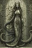 Placeholder: A beautiful girl with long hair , full body , with a snake , front view . decayed and rotting with grotesque proportions and imagery. grotesqueries, detailed texture, surreal horror, biomechanical design, by hr giger and beksinski
