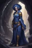 Placeholder: Dnd character in a dark cave. Leaning against a wall. A female Moonelf twilight cleric with super curly, super short, dark blue hair and golden eyes, wearing gray and dark blue robes. With tattoos. Muscular, broad.