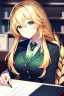 Placeholder: girl, masterpiece, best quality, cinematic lighting, detailed outfit, perfect eyes, golden hair, green eyes, long hair, braided ponytail, office lady, side shot, working at desk,