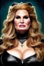 Placeholder: painting of jennifer coolidge as evil queen in black leather, feminie, angry, stern look on her face, volouptous, busty, cleavage, emperious, mature, highly detailed, digital painting, artstation, concept art, smooth, sharp focus, illustration, art by gaston bussiere and alphonse mucha