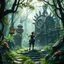 Placeholder: Scene from a modern fantasy action movie featuring the "Garden of Practicality", the Clockwork Forest Realm of Ix Chel, Cyberpunk style.
