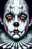 Placeholder: ultra detailed and highly realistic image of a gothic, scary clown, close up of him standing in the rain, the rain messed up his face makeup as it smudged of his face, chaotic, dramatic upclose view, 32k, splatter paint style