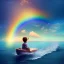 Placeholder: A little boy in a calm ocean on a boat with a rainbow in the sky