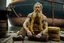 Placeholder: photo of typical full body viking tribe beard blonde flowerw-tattoos gym hairy raw sailorman works on board of cargo china container large ship, gilet yellow knitted, stormy rainy day, mid age, health, wellness, in 70's style movie by Mario Bava